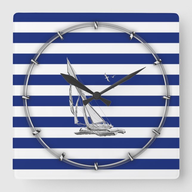 Chrome Sailing on Nautical Stripes Square Wall Clock (Front)