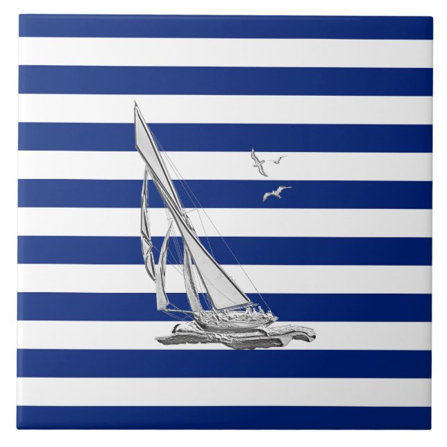 Chrome Sailing on Nautical Stripes Tile (Front)