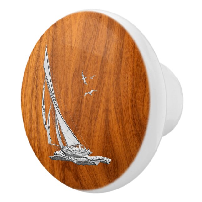 Chrome Sailing on Nautical Teak Wood Grain Print Ceramic Knob (Right)
