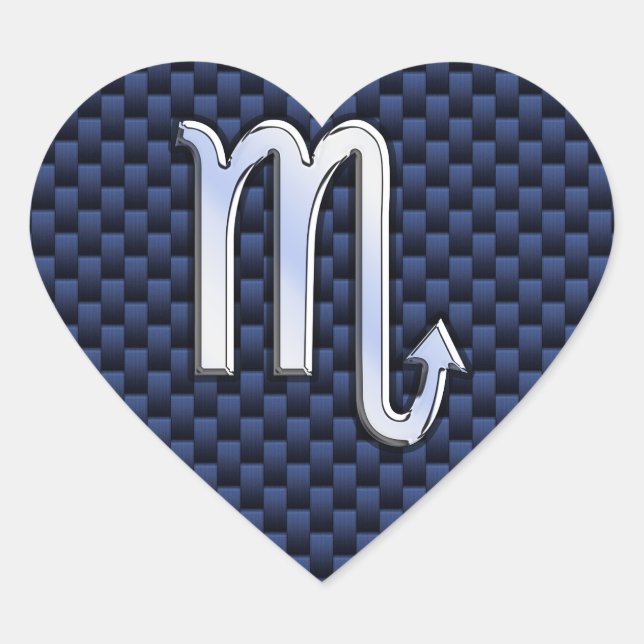 Chrome Scorpio Zodiac Sign on Blue Carbon Fibre Heart Sticker (Front)