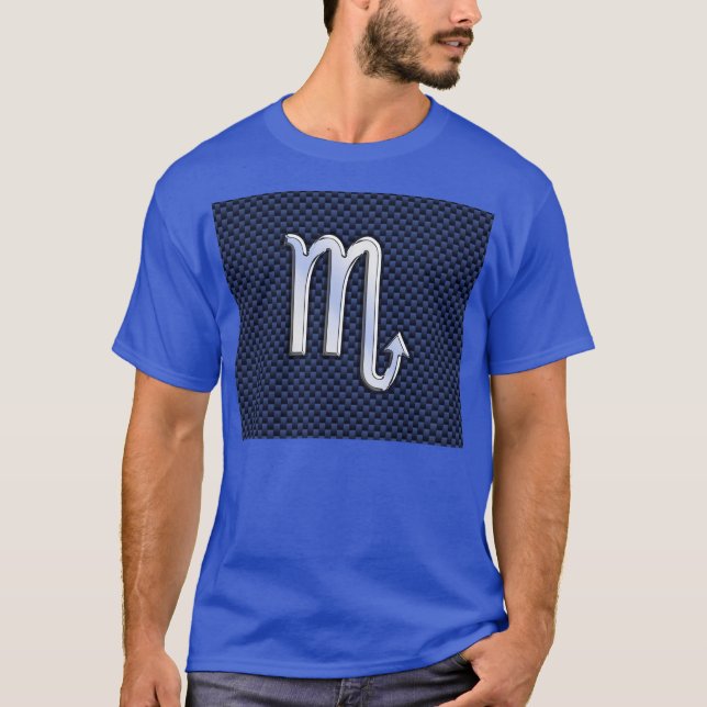 Chrome Scorpio Zodiac Sign on Blue Carbon Fibre T-Shirt (Front)