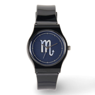 Chrome Scorpio Zodiac Sign on Blue Carbon Fibre Watch