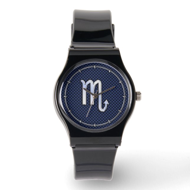 Chrome Scorpio Zodiac Sign on Blue Carbon Fibre Watch (Front)