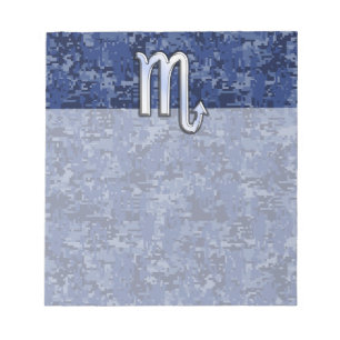 Chrome Scorpio Zodiac Sign on Navy Blue Camo Notepad
