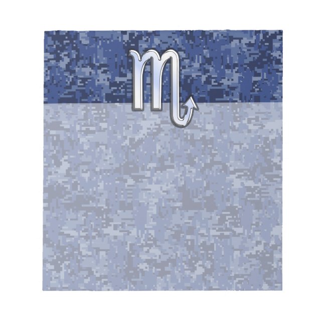 Chrome Scorpio Zodiac Sign on Navy Blue Camo Notepad (Front)