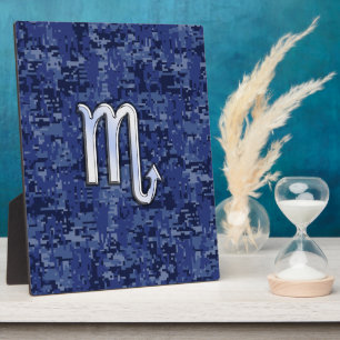 Chrome Scorpio Zodiac Sign on Navy Blue Camo Plaque