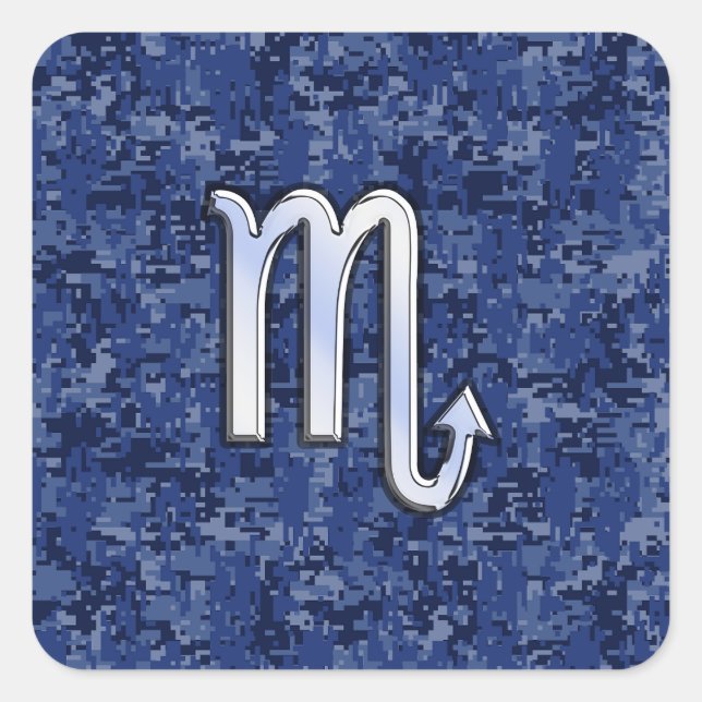 Chrome Scorpio Zodiac Sign on Navy Blue Camo Square Sticker (Front)