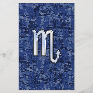 Chrome Scorpio Zodiac Sign on Navy Blue Camo Stationery