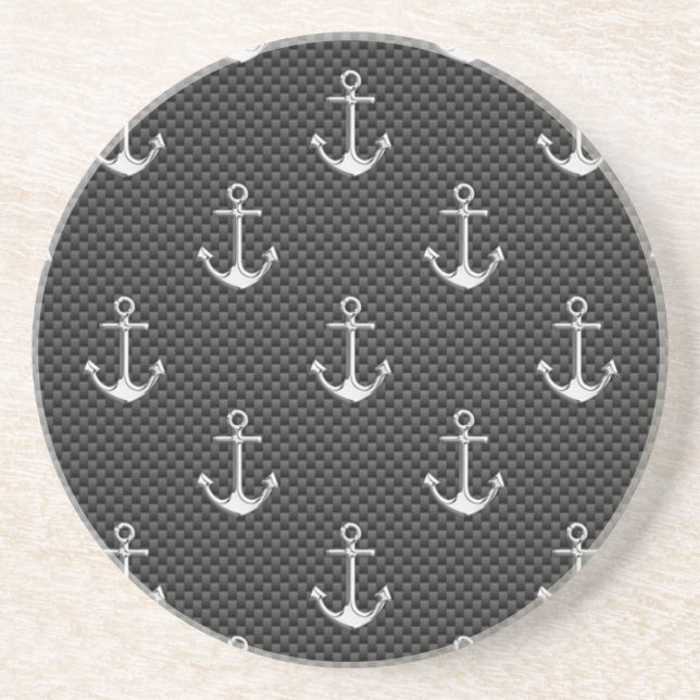 Chrome Silver Anchors on Carbon Fibre Pattern Coaster (Front)