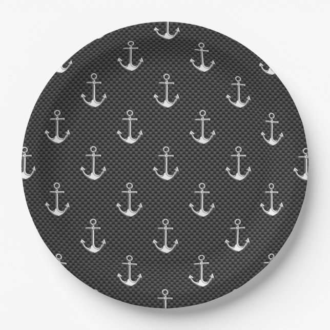 Chrome Silver Anchors on Carbon Fibre Pattern Paper Plate (Front)