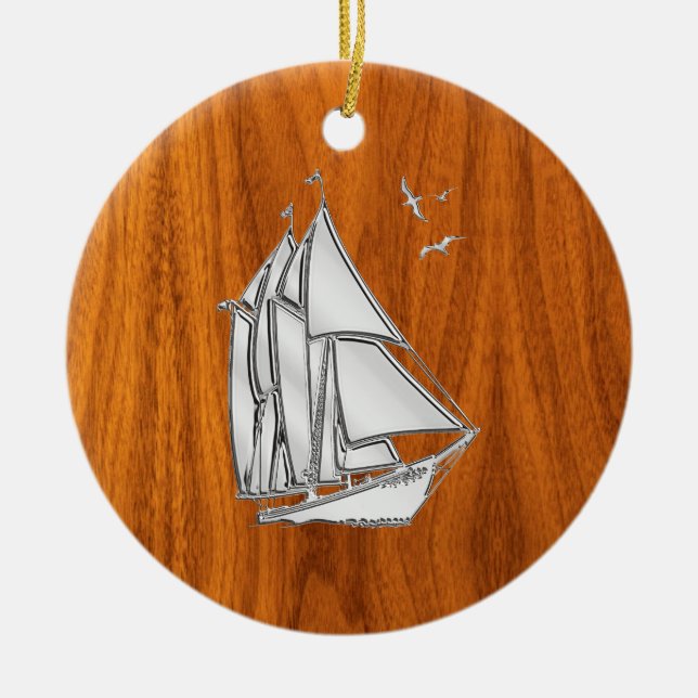 Chrome Silver like Sailboat on Teak Veneer Ceramic Ornament (Front)