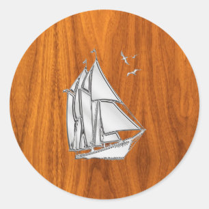 Chrome Silver like Sailboat on Teak Veneer Classic Round Sticker