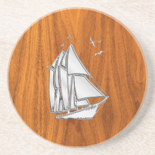 Chrome Silver like Sailboat on Teak Veneer Coaster