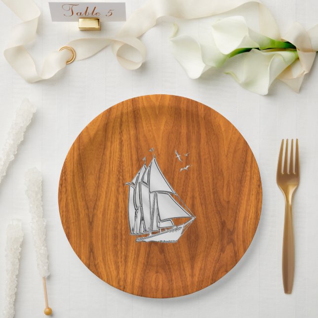 Chrome Silver like Sailboat on Teak Veneer Paper Plate (Wedding)
