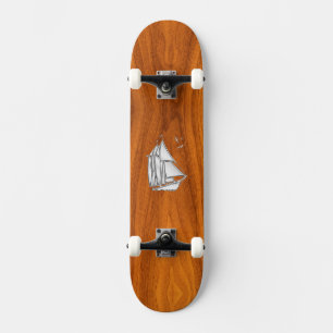 Chrome Silver like Sailboat on Teak Veneer Skateboard