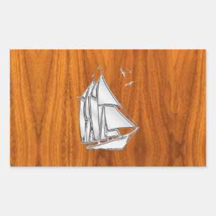 Chrome Silver like Sailboat on Teak Veneer Sticker