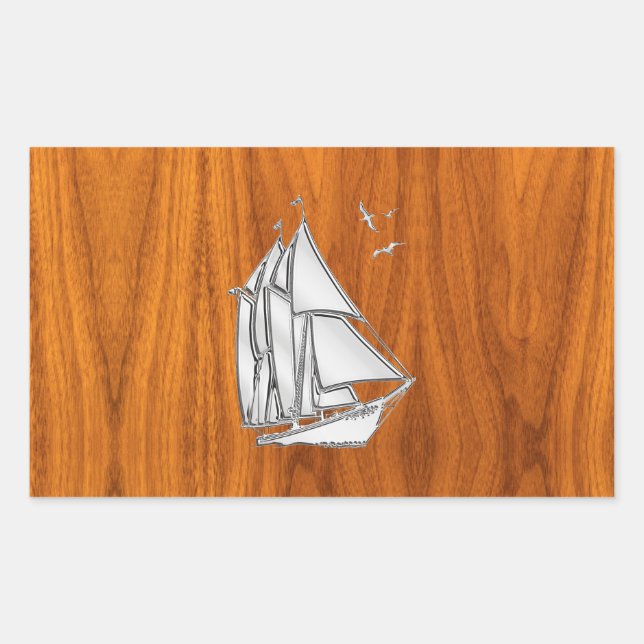 Chrome Silver like Sailboat on Teak Veneer Sticker (Front)