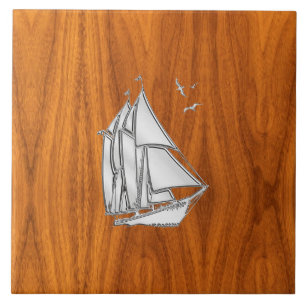 Chrome Silver like Sailboat on Teak Veneer Tile
