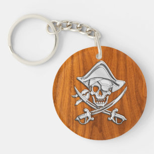Chrome Silver Pirate on Teak Veneer Decor Keychain