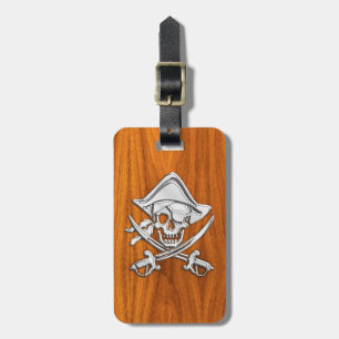 Chrome Silver Pirate on Teak Veneer Decor Luggage Tag