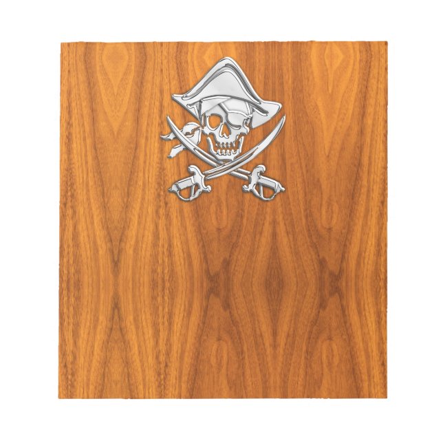 Chrome Silver Pirate on Teak Veneer Decor Notepad (Front)