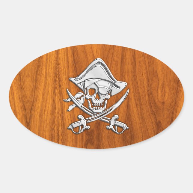 Chrome Silver Pirate on Teak Veneer Decor Oval Sticker (Front)