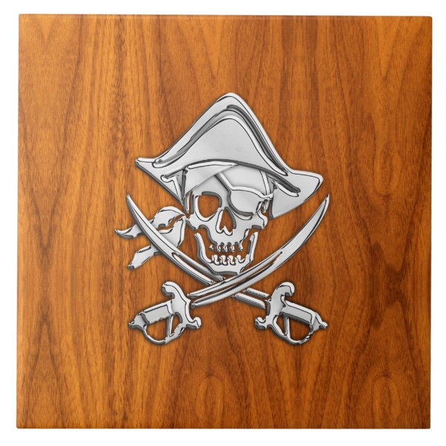 Chrome Silver Pirate on Teak Veneer Decor Tile (Front)