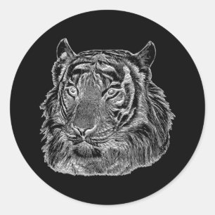 chrome silver tiger face animal nature jungle art classic round sticker