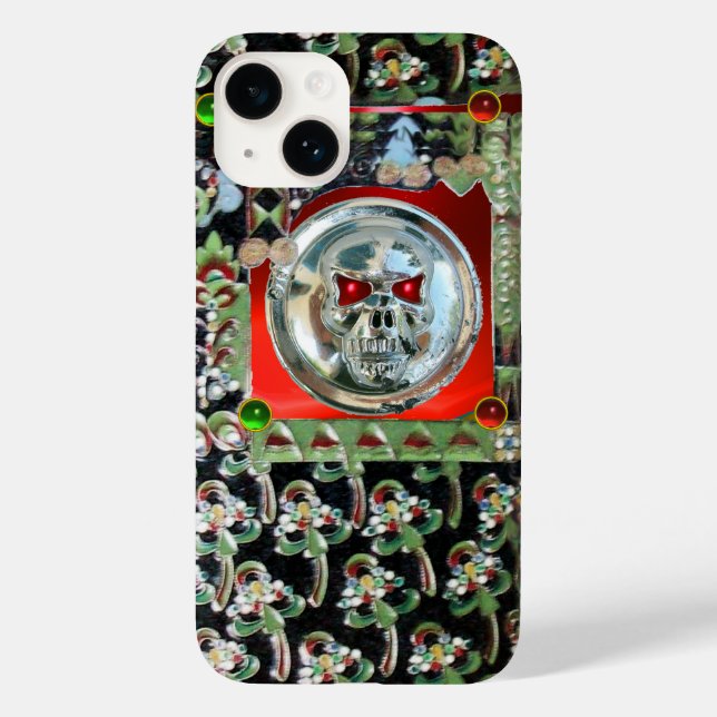 CHROME SKULL BLACK GREEN RED GEM STONES Damask Case-Mate iPhone Case (Back)