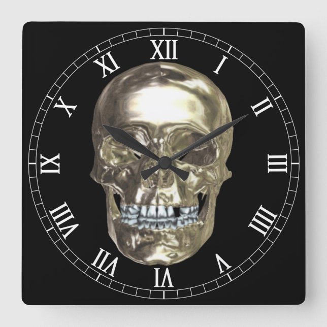 Chrome Skull Square Roman Numerals Clock (Front)