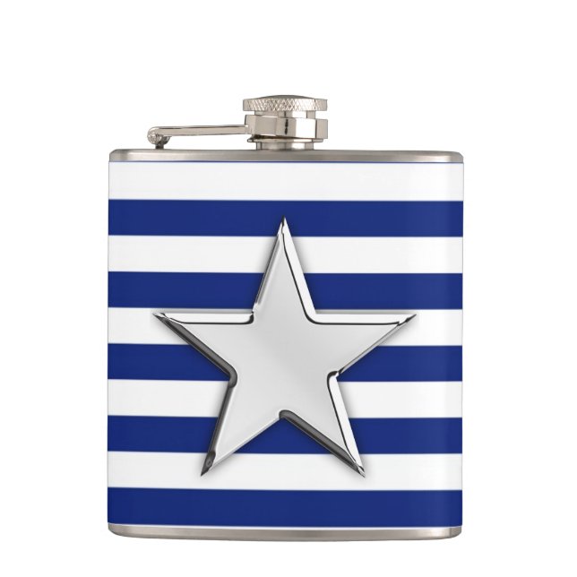 Chrome Star on Navy Stripes Hip Flask (Front)