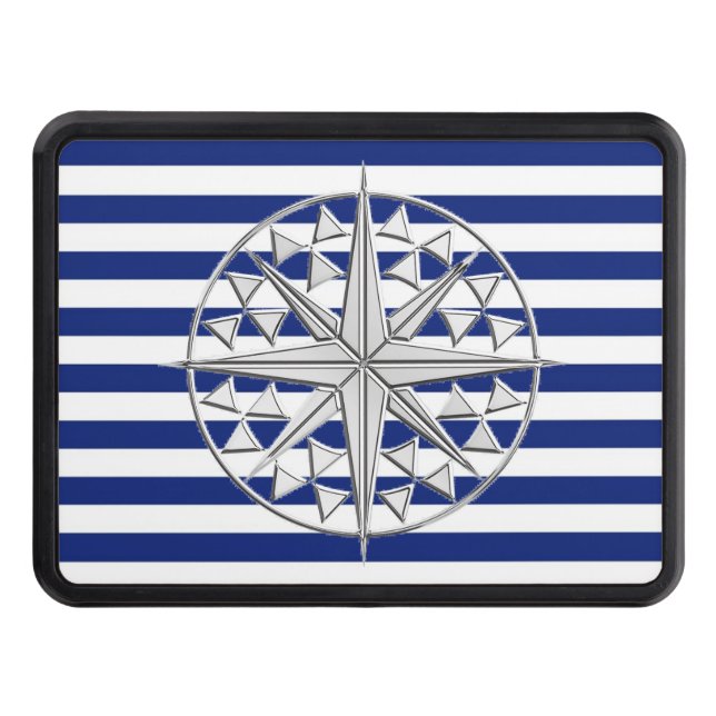 Chrome Star on Navy Stripes Print Hitch Trailer Hitch Cover (Front)