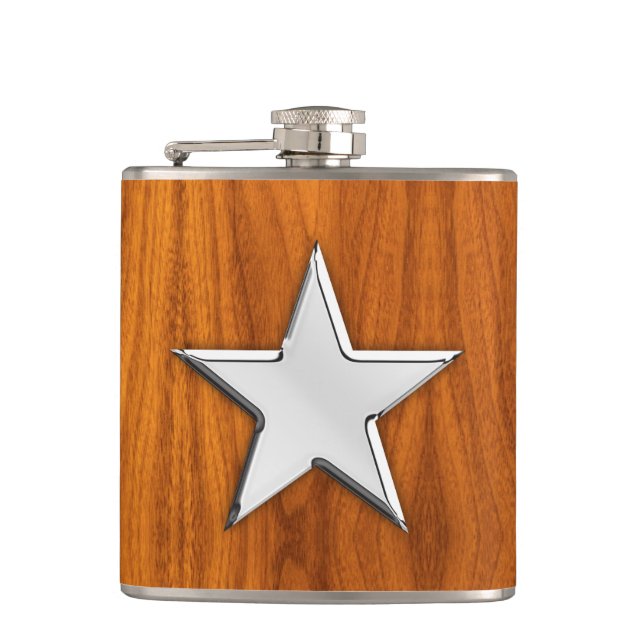 Chrome Star on Teak Print Hip Flask (Front)