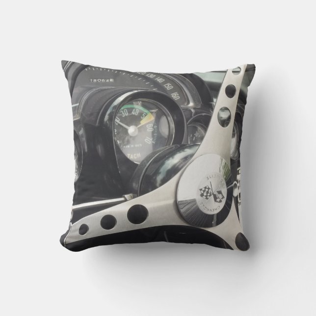 Chrome Steering wheel and black gauges corvette Throw Pillow (Front)