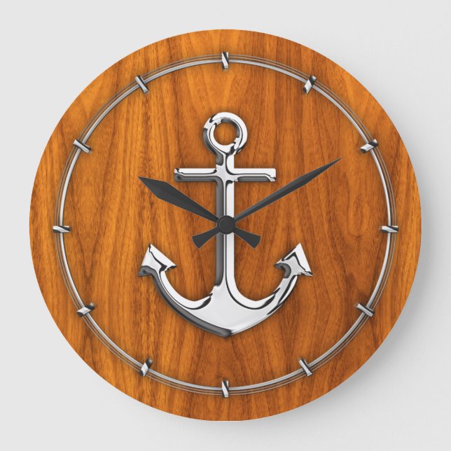 Chrome Style Anchor on Teak Veneer Large Clock (Front)