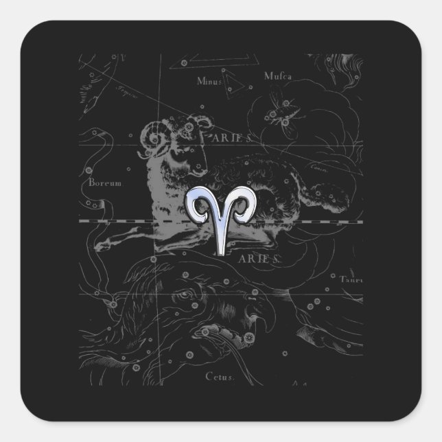 Chrome Style Aries Zodiac Sign on Hevelius Square Sticker (Front)