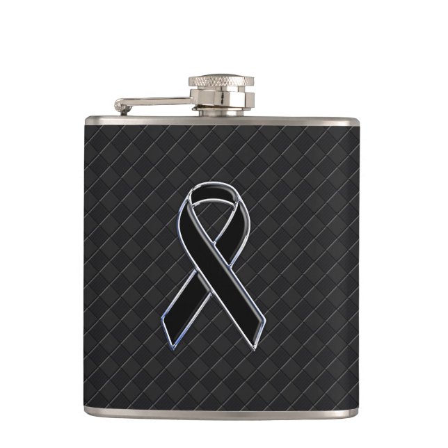 Chrome Style Black Ribbon Awareness Decor Hip Flask (Front)