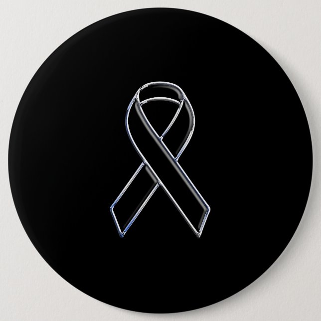 Chrome Style Black Ribbon Awareness on Black 6 Inch Round Button (Front)
