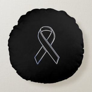 Chrome Style Black Ribbon Awareness on Black Round Pillow