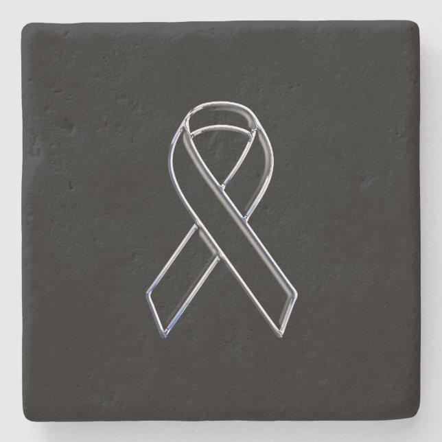 Chrome Style Black Ribbon Awareness on Black Stone Coaster (Front)