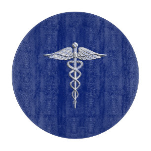 Chrome Style Caduceus Medical Symbol on Navy Blue Cutting Board