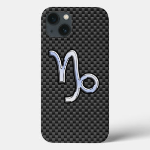 Chrome Style Capricorn Symbol on Carbon Fibre iPhone 13 Case