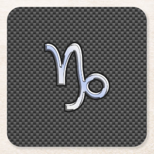 Chrome Style Capricorn Zodiac Sign on Carbon Fibre Square Paper Coaster