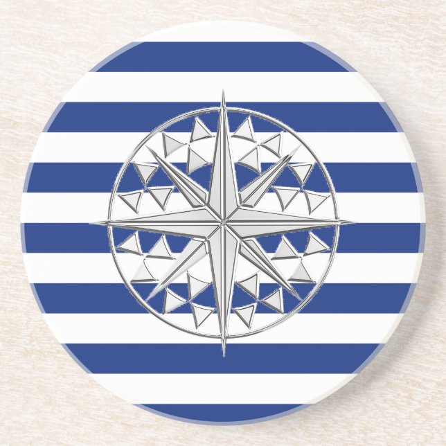 Chrome Style Compass on Nautical Stripes Coaster (Front)