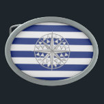 Chrome Style Compass on Nautical Stripes Oval Belt Buckle<br><div class="desc">A silver chrome like fishing boat design on a navy blue stripes decor. A modern nautical gift. 
 

Use the "Message" link to contact us with your special design requests or for some assistance with any of your customization needs.</div>