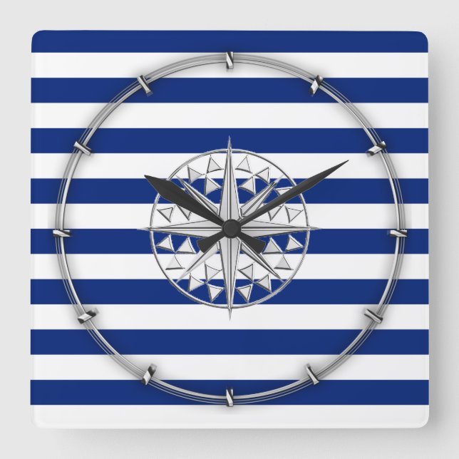 Chrome Style Compass on Nautical Stripes Square Wall Clock (Front)