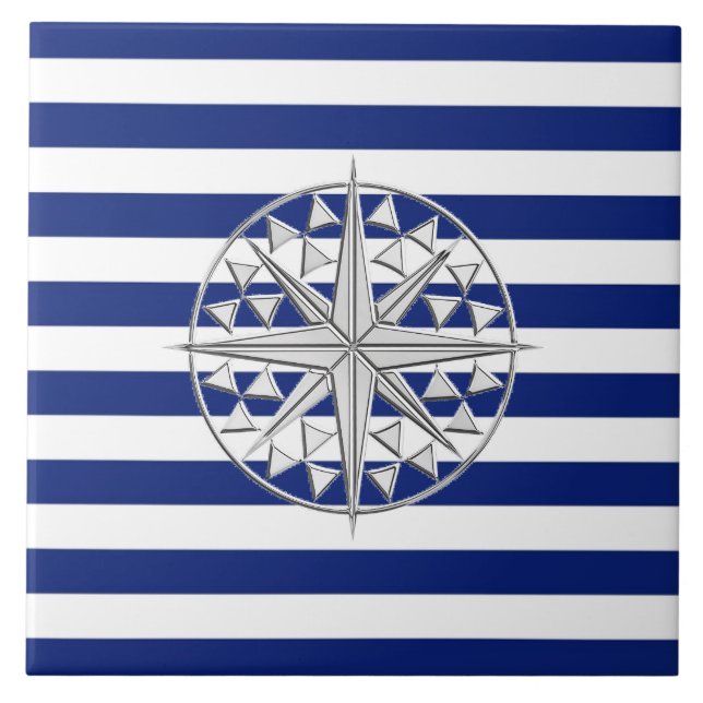 Chrome Style Compass on Nautical Stripes Tile (Front)