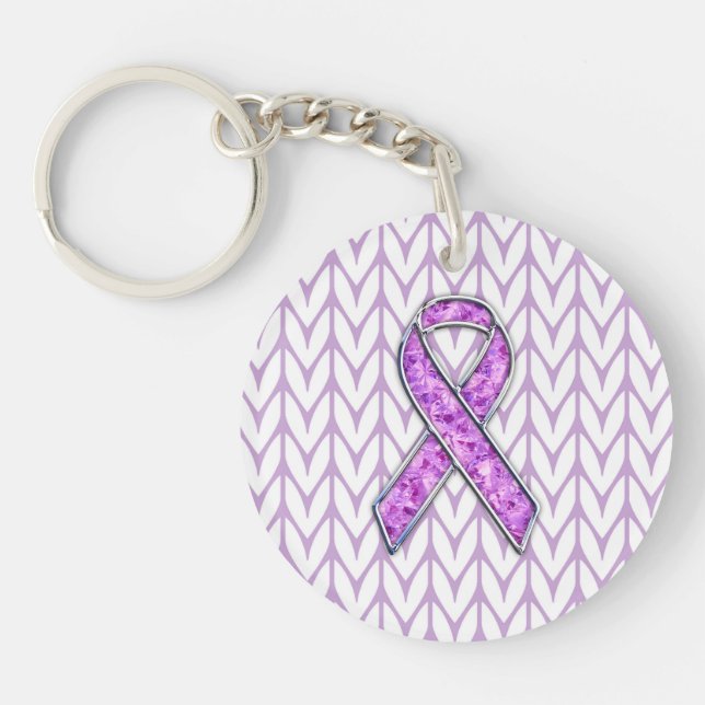 Chrome Style Crystal Pink Ribbon Awareness Knit Keychain (Front)