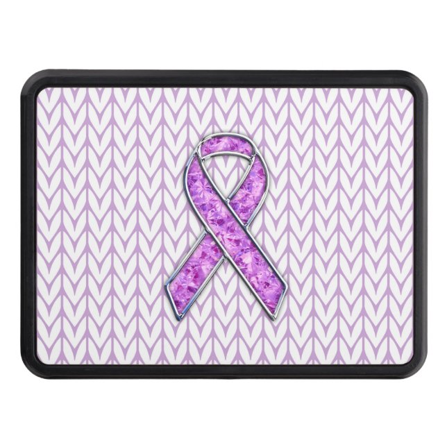 Chrome Style Crystal Pink Ribbon Awareness Knit Trailer Hitch Cover (Front)