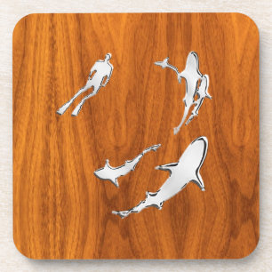 Chrome Style Diver with Sharks on Teak Veneer Coaster